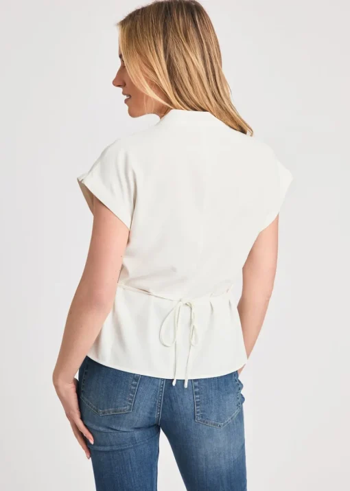 French Connection White V-Neck Button Up Short Sleeve Crepe Blouse