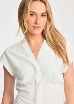 French Connection White V-Neck Button Up Short Sleeve Crepe Blouse