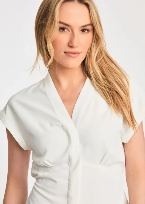 French Connection White V-Neck Button Up Short Sleeve Crepe Blouse