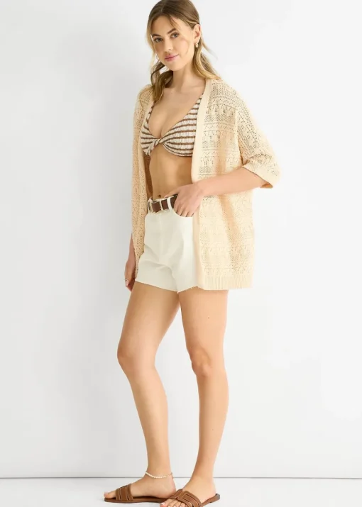 Gini London Beige Crochet Knit Edge to Edge Cardigan