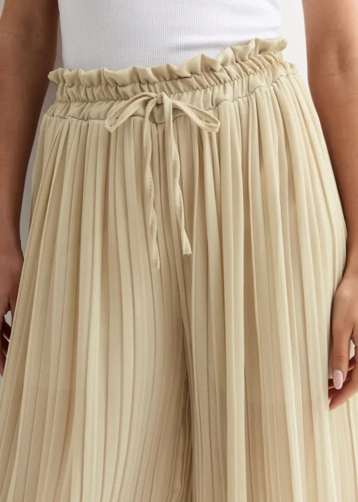Gini London Beige Elasticated Waist Plisse Wide Led Trouser