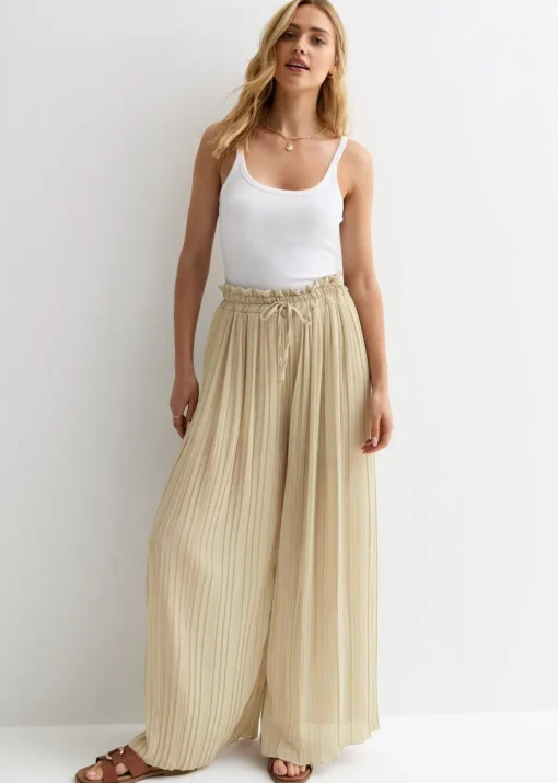 Gini London Beige Elasticated Waist Plisse Wide Led Trouser