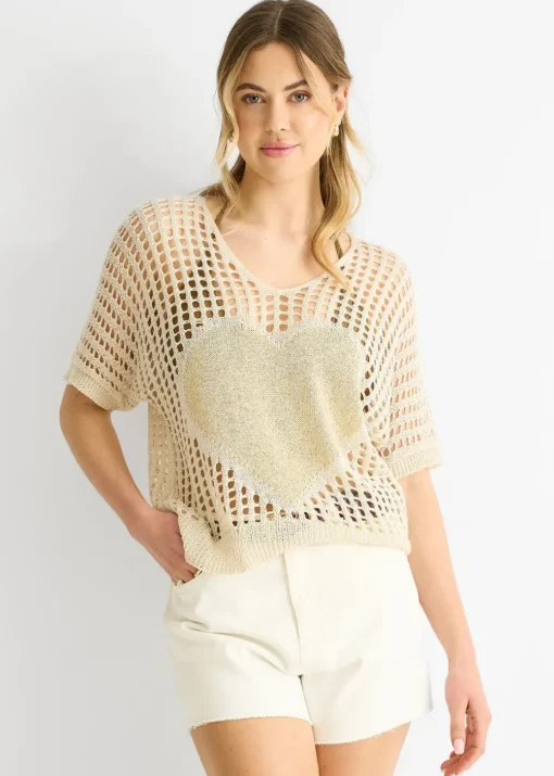 Gini London Beige Fish Net Heart Pattern Crochet Top