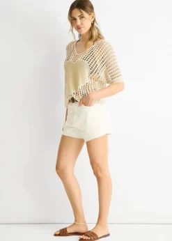 Gini London Beige Fish Net Heart Pattern Crochet Top