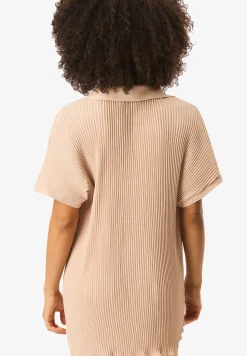 Gini London Beige Plisse Short Sleeve Oversized Shirt