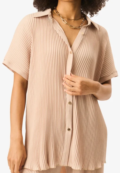 Gini London Beige Plisse Short Sleeve Oversized Shirt