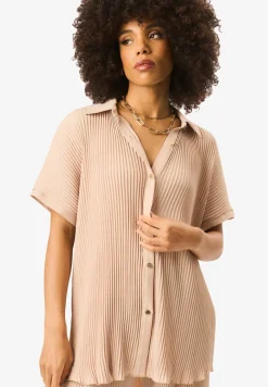 Gini London Beige Plisse Short Sleeve Oversized Shirt