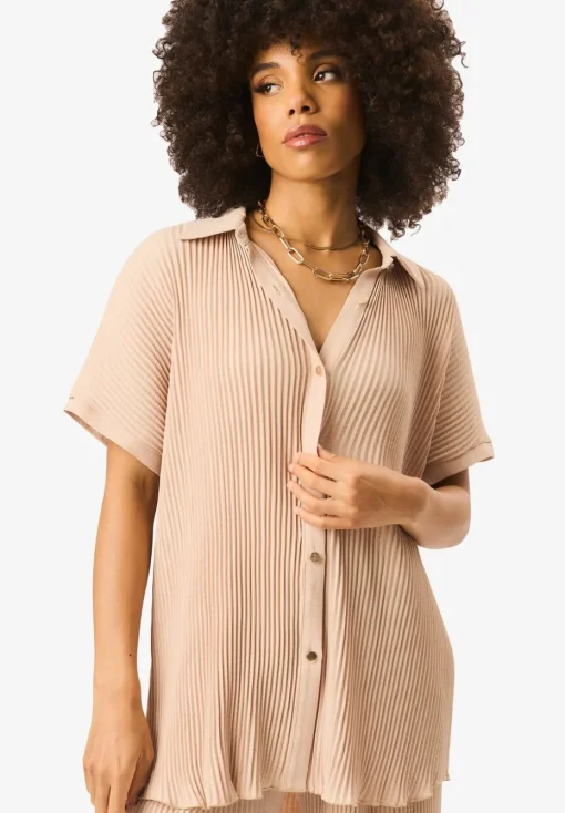 Gini London Beige Plisse Short Sleeve Oversized Shirt