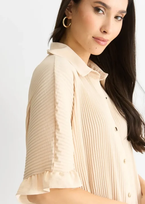 Gini London Beige Plisse Frill Detail Oversized Shirt Dress