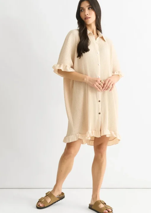 Gini London Beige Plisse Frill Detail Oversized Shirt Dress