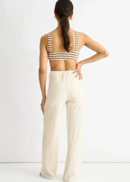 Gini London Beige Textured Elasticated Waist Flared Trousers