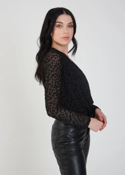 Gini London Black Animal Pattern Burnout Long sleeve Bodysuit