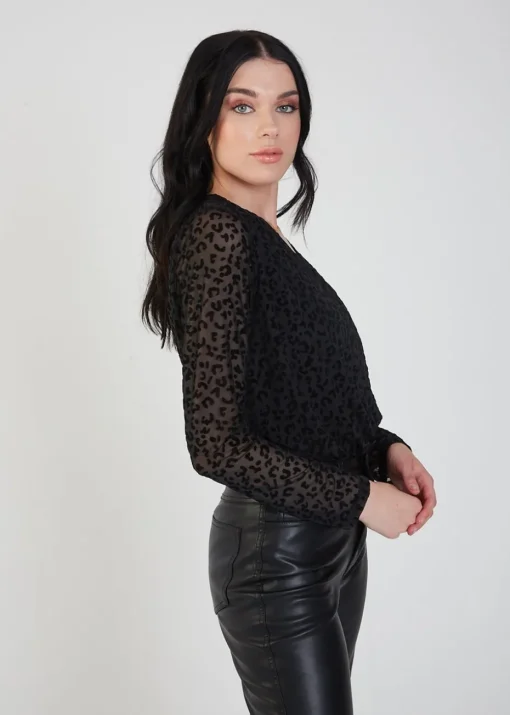 Gini London Black Animal Pattern Burnout Long sleeve Bodysuit