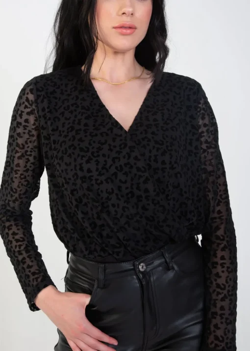 Gini London Black Animal Pattern Burnout Long sleeve Bodysuit