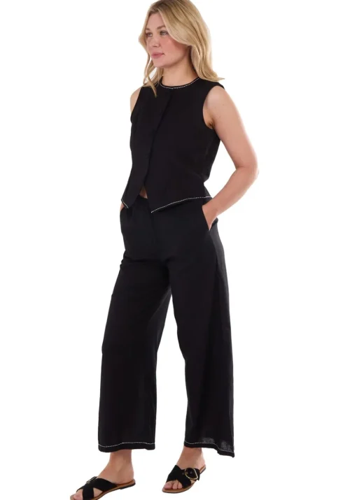 Gini London Black Contrast Embroidery Stitch Detail Trouser
