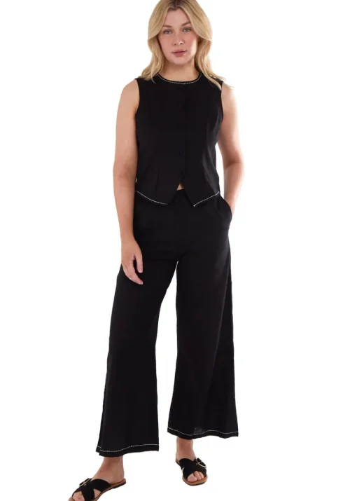 Gini London Black Contrast Embroidery Stitch Detail Trouser