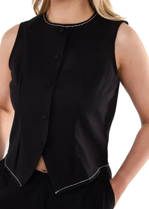 Gini London Black Cotton Contrast Stitch Detail Waist Coat