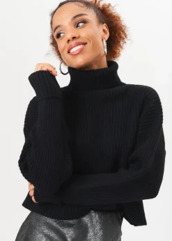 Gini London Black High Neck Chunky Knit Crop Jumper