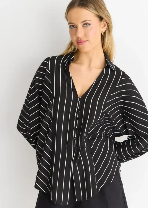 Gini London Black Long Sleeve Batwing Stripe Shirt