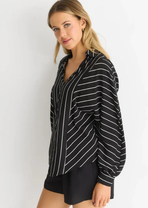 Gini London Black Long Sleeve Batwing Stripe Shirt