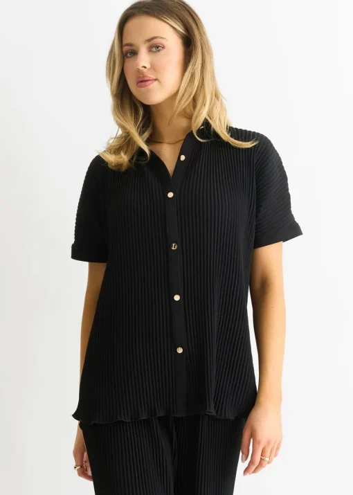 Gini London Black Plisse Short Sleeve Oversized Shirt