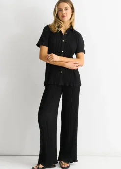 Gini London Black Plisse Loungewear Wide Leg Trousers