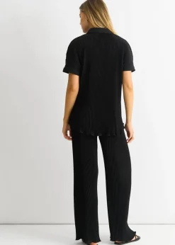 Gini London Black Plisse Loungewear Wide Leg Trousers