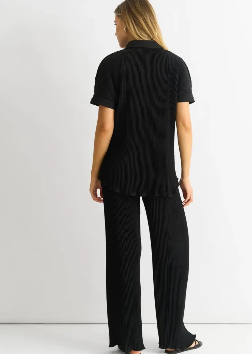 Gini London Black Plisse Loungewear Wide Leg Trousers