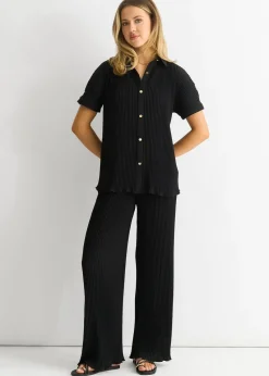Gini London Black Plisse Loungewear Wide Leg Trousers