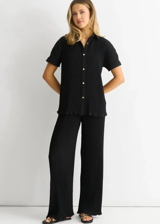 Gini London Black Plisse Loungewear Wide Leg Trousers