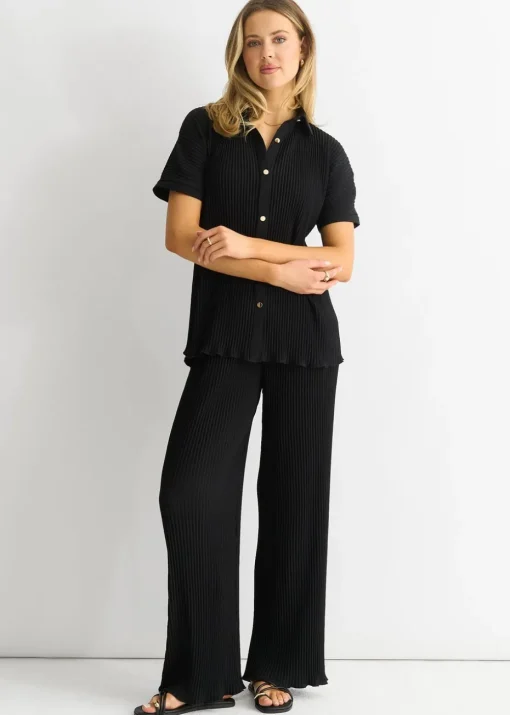 Gini London Black Plisse Loungewear Wide Leg Trousers