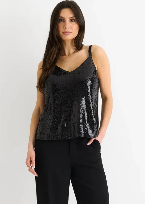 Gini London Black Sequin V Neck Cami Top