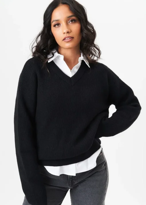 Gini London Black V Neck Knit Oversized Jumper