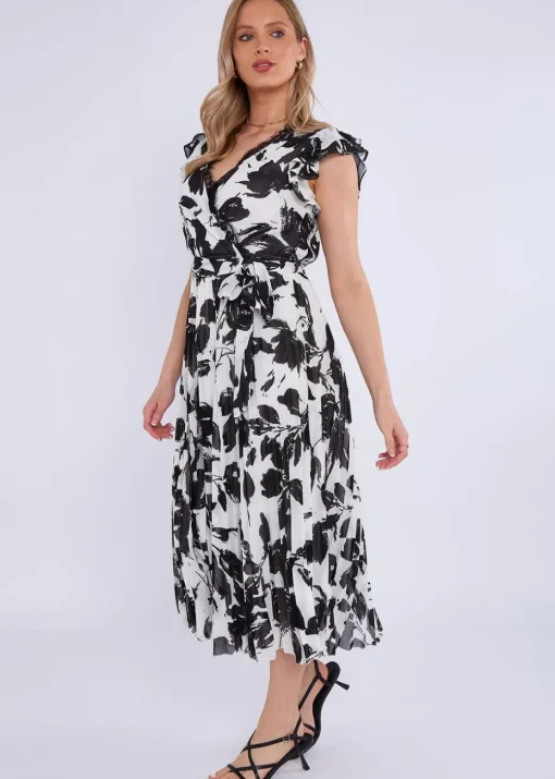 Gini London Black/White Lace Trim Mono Pleated Wrap Midi Dress
