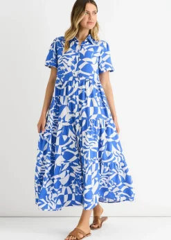 Gini London Blue Aztec Print Oversized Smock Midi Dress