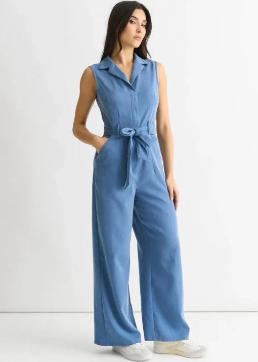 Gini London Blue Chambray Sleeveless Utility Jumpsuit