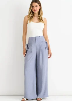 Gini London Blue Linen Look High Waist Wide Leg Trousers