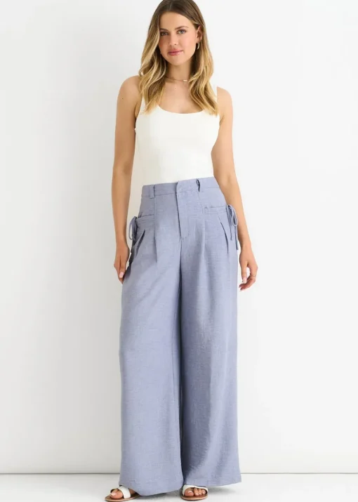 Gini London Blue Linen Look High Waist Wide Leg Trousers