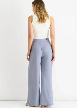 Gini London Blue Linen Look High Waist Wide Leg Trousers
