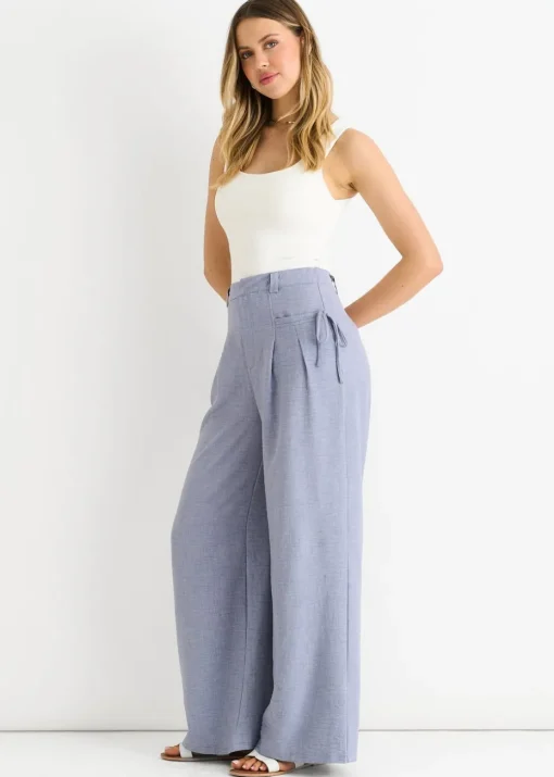 Gini London Blue Linen Look High Waist Wide Leg Trousers