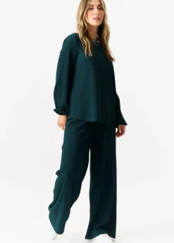 Gini London Bottle Green Textured Long Sleeves Oversized Top