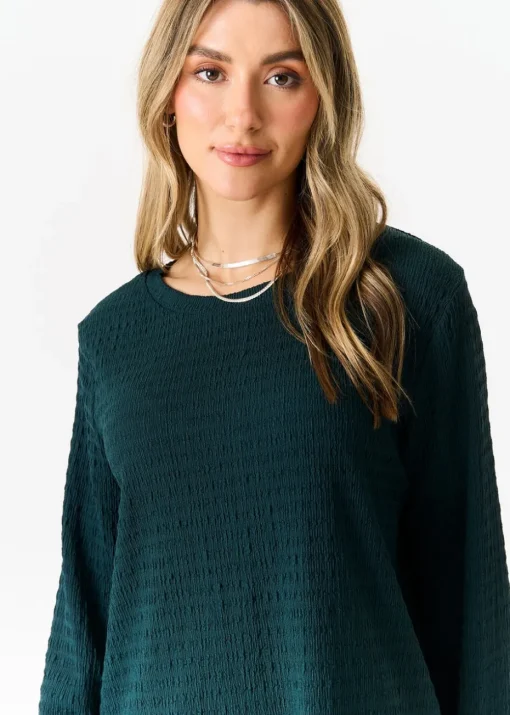 Gini London Bottle Green Textured Long Sleeves Oversized Top