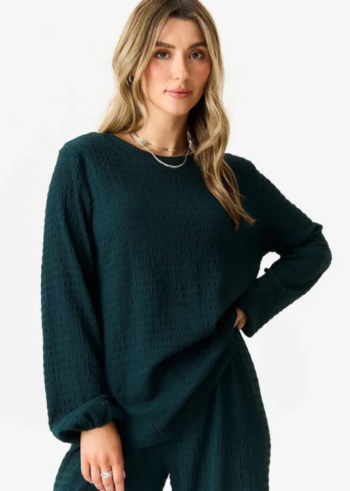 Gini London Bottle Green Textured Long Sleeves Oversized Top