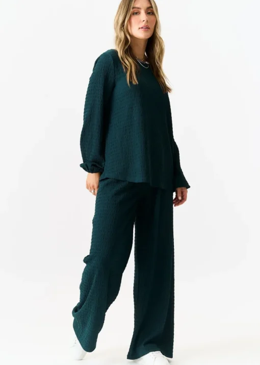 Gini London Bottle Green Textured Long Sleeves Oversized Top