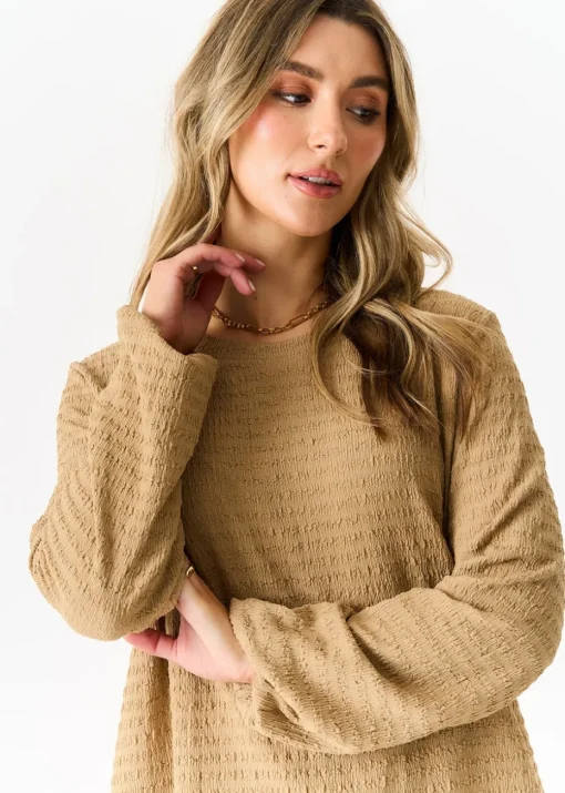 Gini London Camel Textured Long Sleeves Oversized Top