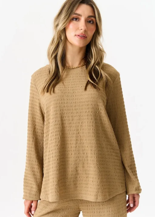Gini London Camel Textured Long Sleeves Oversized Top