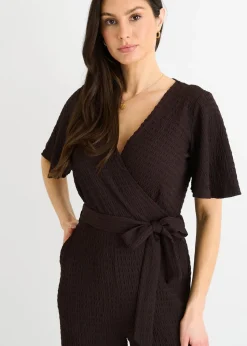 Gini London Chocolate Textured Jersey Wrap Wide Leg Jumpsuit