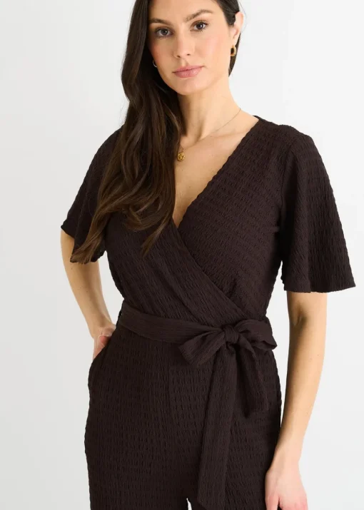 Gini London Chocolate Textured Jersey Wrap Wide Leg Jumpsuit