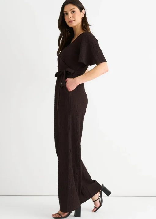 Gini London Chocolate Textured Jersey Wrap Wide Leg Jumpsuit