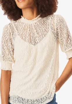 Gini London Cream High Neck Lace Loose Fit Blouse